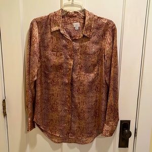 Long-sleeved satin button-down shirt, animal print